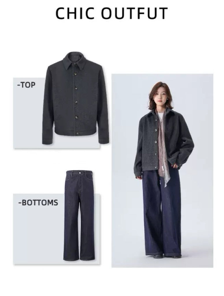 Woolen old money new rich loose silhouette warm tweed jacket coat