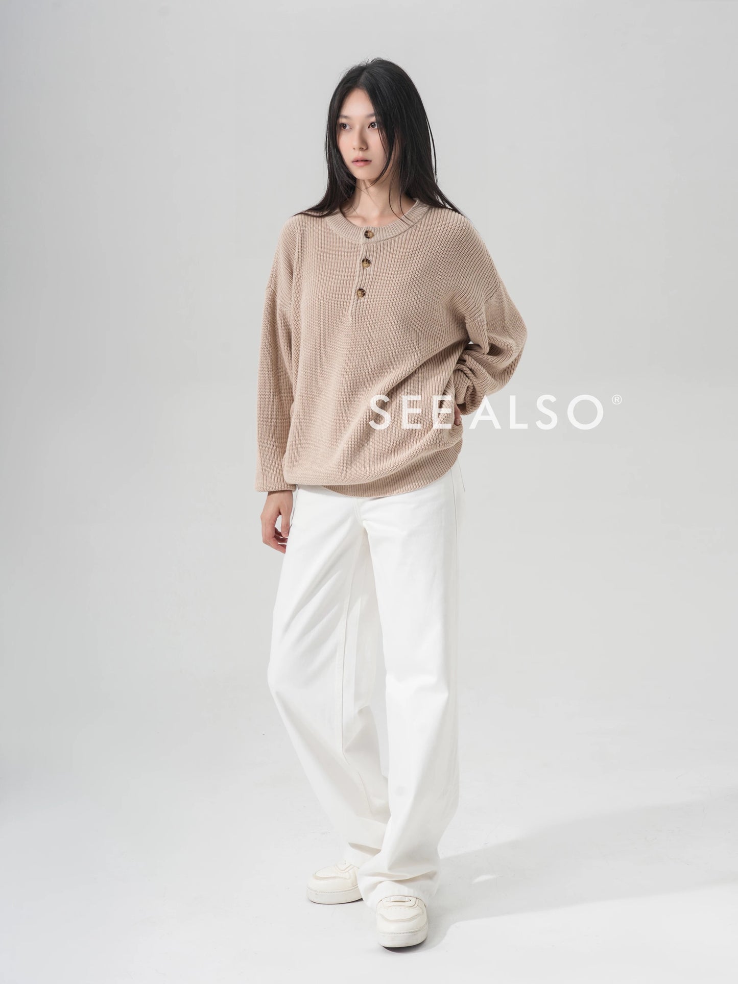 "The Gift of Kings" Loose Fit Old Money Knit Sweater Lazy and Versatile Henley Crewneck Long Sleeve