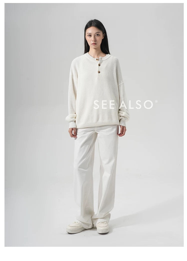 "The Gift of Kings" Loose Fit Old Money Knit Sweater Lazy and Versatile Henley Crewneck Long Sleeve