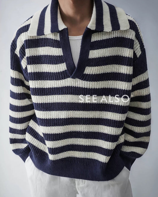 900g Seagull Navy Blue New Rich Old Money Loose Striped Sweater