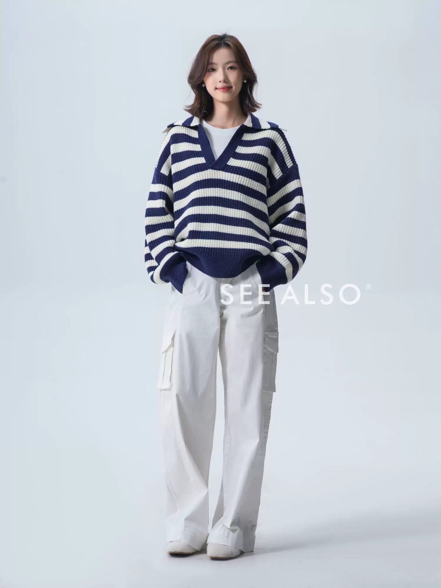 900g Seagull Navy Blue New Rich Old Money Loose Striped Sweater