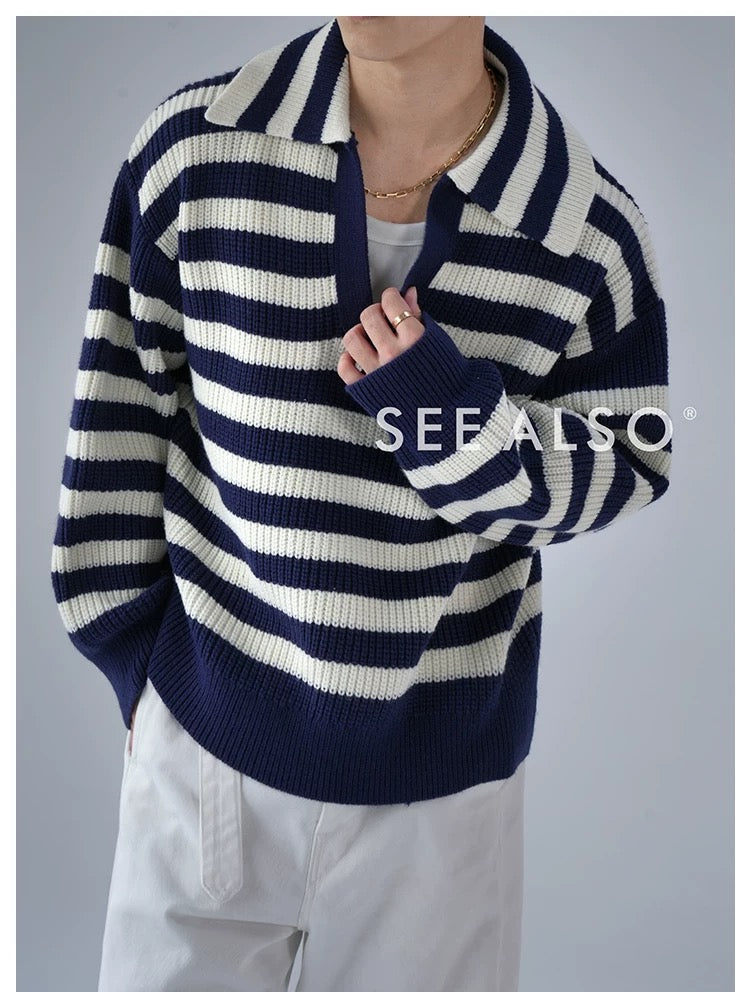 900g Seagull Navy Blue New Rich Old Money Loose Striped Sweater