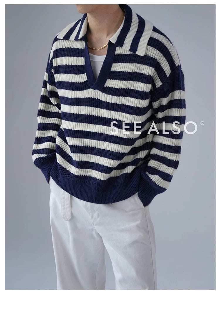 900g Seagull Navy Blue New Rich Old Money Loose Striped Sweater