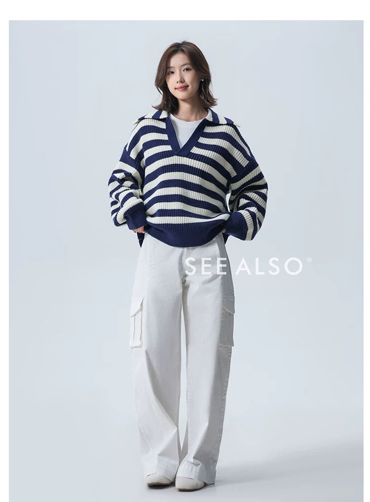 900g Seagull Navy Blue New Rich Old Money Loose Striped Sweater