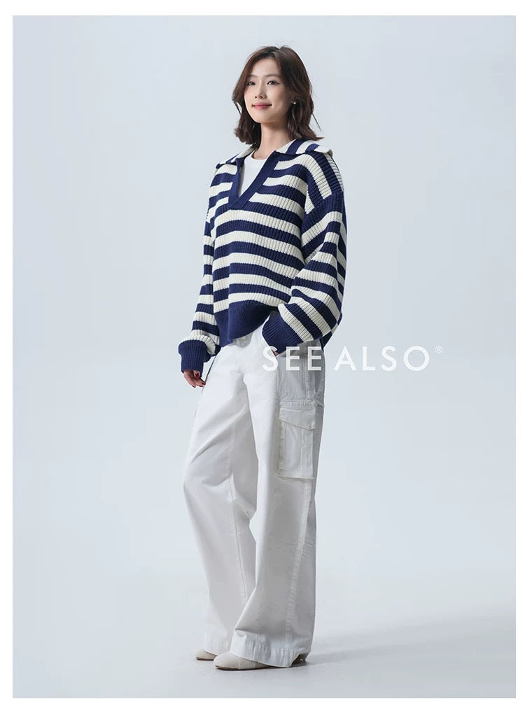 900g Seagull Navy Blue New Rich Old Money Loose Striped Sweater