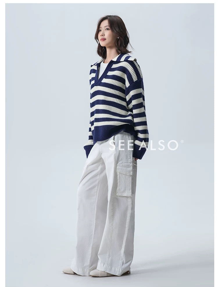 900g Seagull Navy Blue New Rich Old Money Loose Striped Sweater