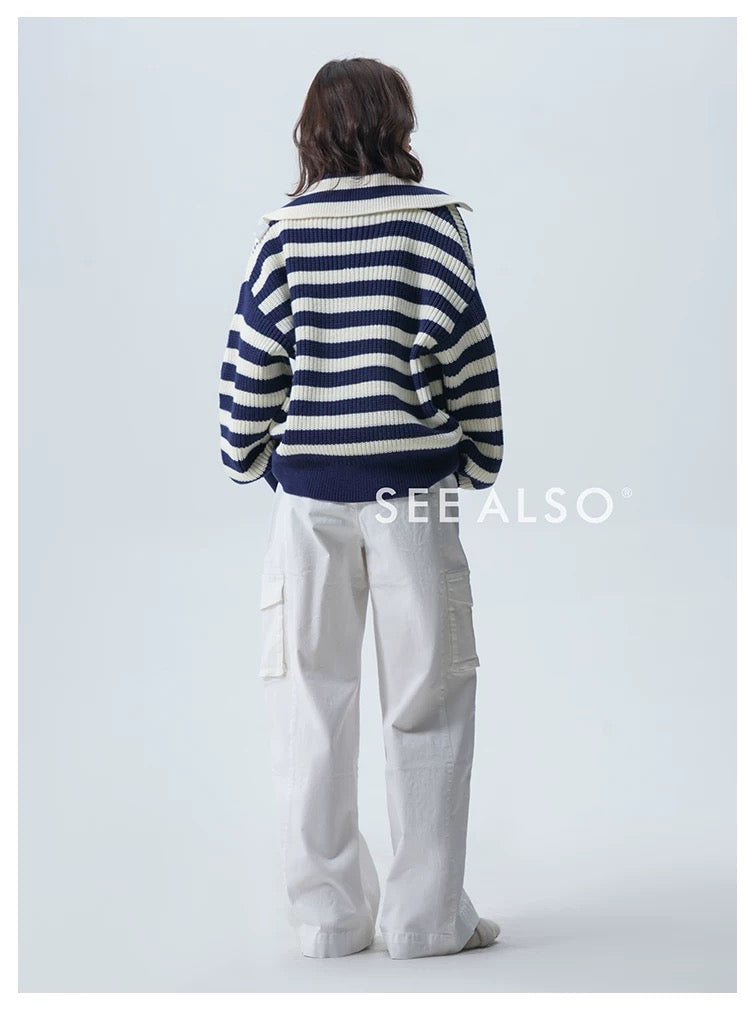 900g Seagull Navy Blue New Rich Old Money Loose Striped Sweater