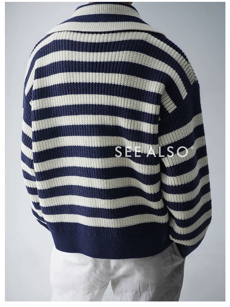 900g Seagull Navy Blue New Rich Old Money Loose Striped Sweater