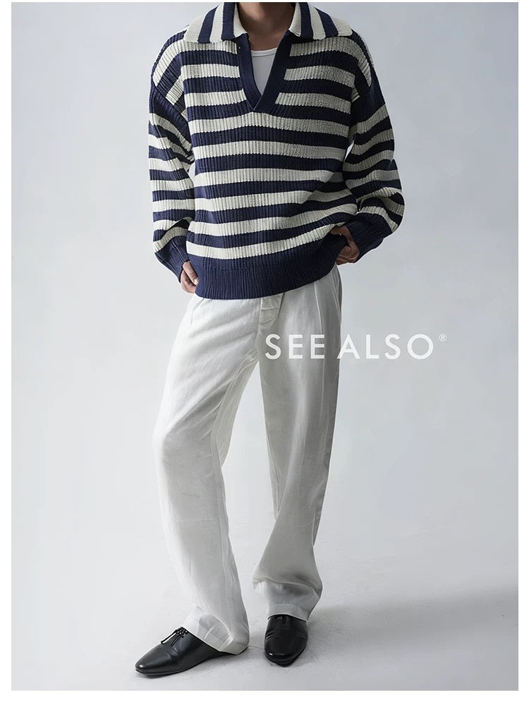 900g Seagull Navy Blue New Rich Old Money Loose Striped Sweater