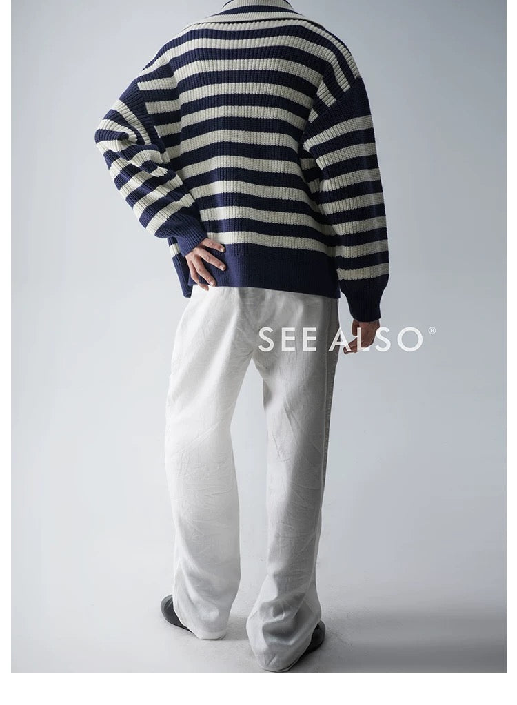 900g Seagull Navy Blue New Rich Old Money Loose Striped Sweater