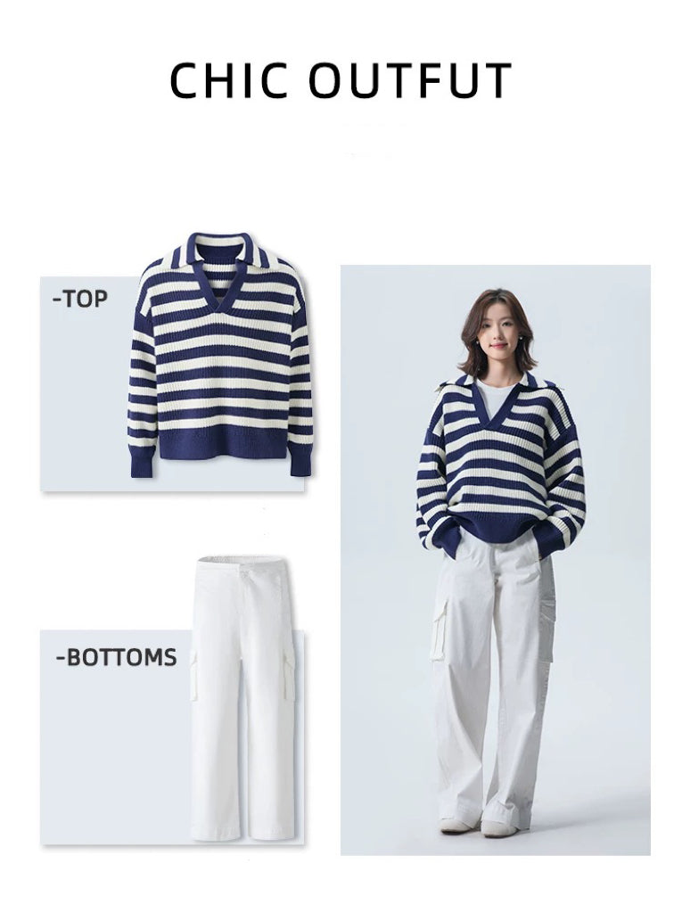 900g Seagull Navy Blue New Rich Old Money Loose Striped Sweater