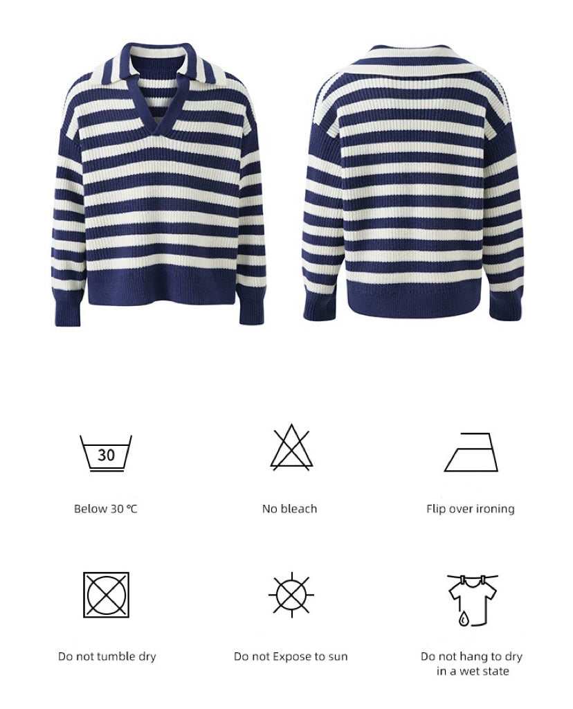 900g Seagull Navy Blue New Rich Old Money Loose Striped Sweater