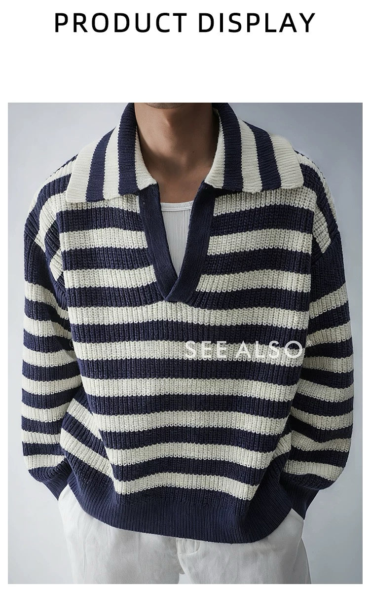 900g Seagull Navy Blue New Rich Old Money Loose Striped Sweater