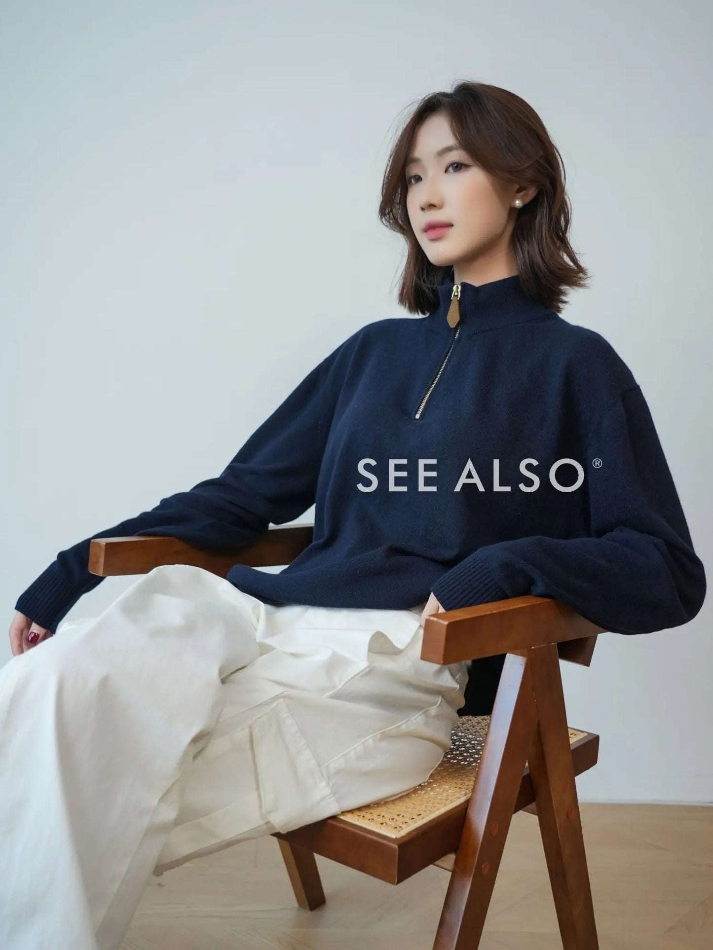 "Black Label Cashmere" super-fine spun wool long-sleeved elbow leather old coin half-zipper sweater