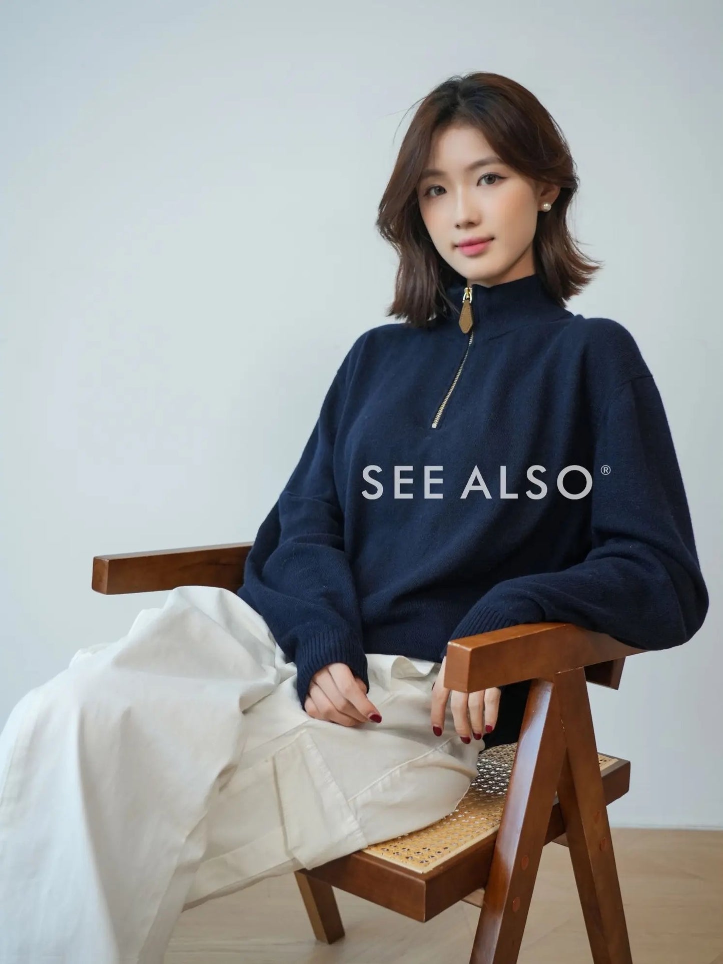 "Black Label Cashmere" super-fine spun wool long-sleeved elbow leather old coin half-zipper sweater