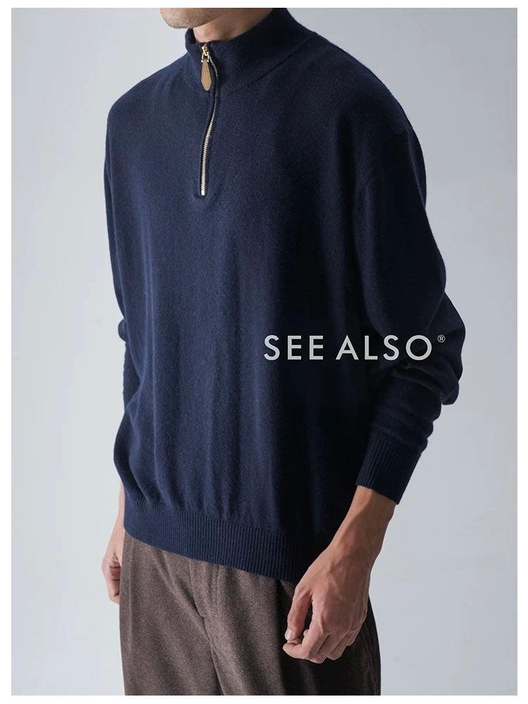 "Black Label Cashmere" super-fine spun wool long-sleeved elbow leather old coin half-zipper sweater