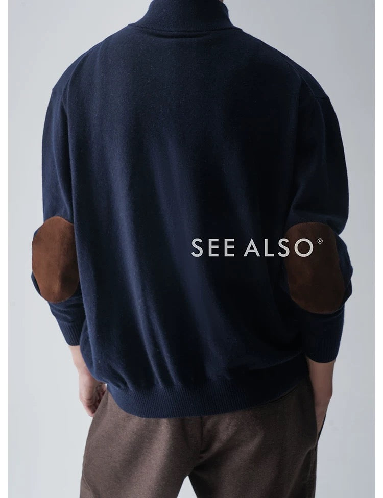 "Black Label Cashmere" super-fine spun wool long-sleeved elbow leather old coin half-zipper sweater