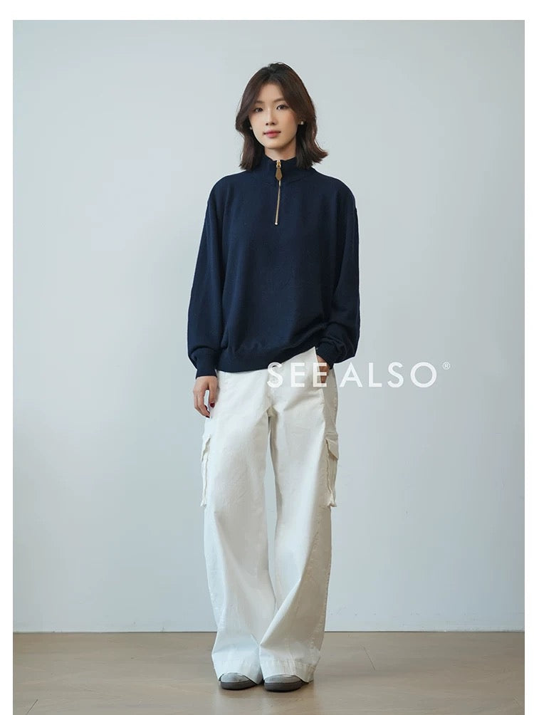 "Black Label Cashmere" super-fine spun wool long-sleeved elbow leather old coin half-zipper sweater