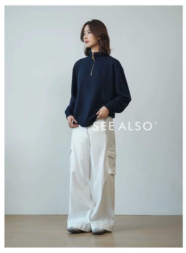 "Black Label Cashmere" super-fine spun wool long-sleeved elbow leather old coin half-zipper sweater