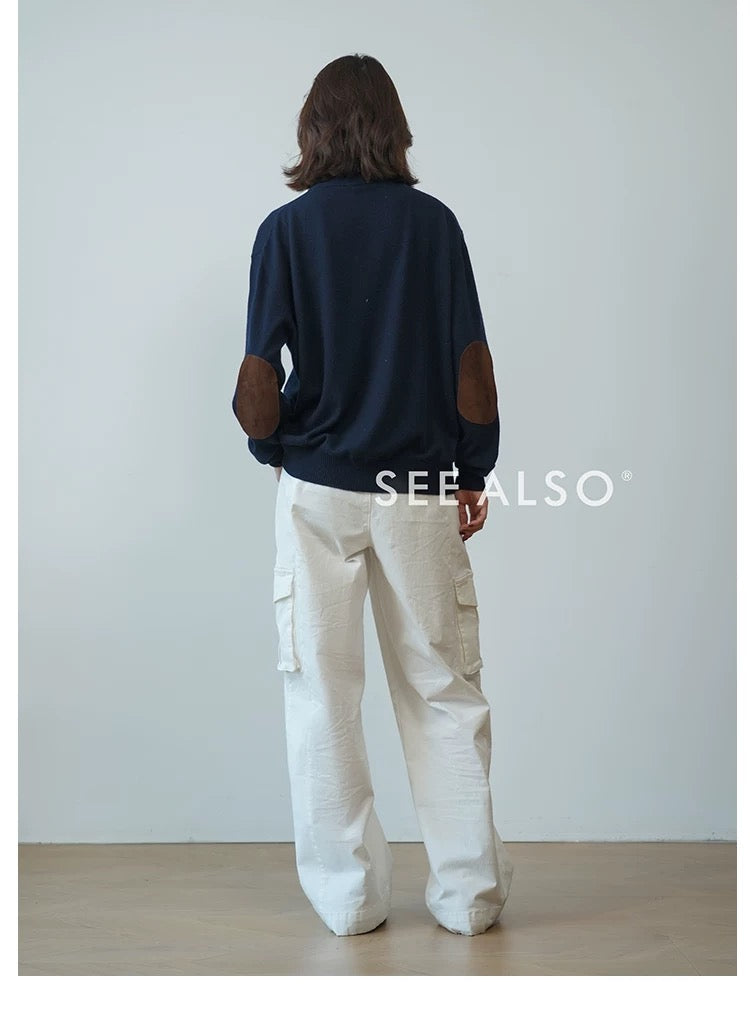 "Black Label Cashmere" super-fine spun wool long-sleeved elbow leather old coin half-zipper sweater