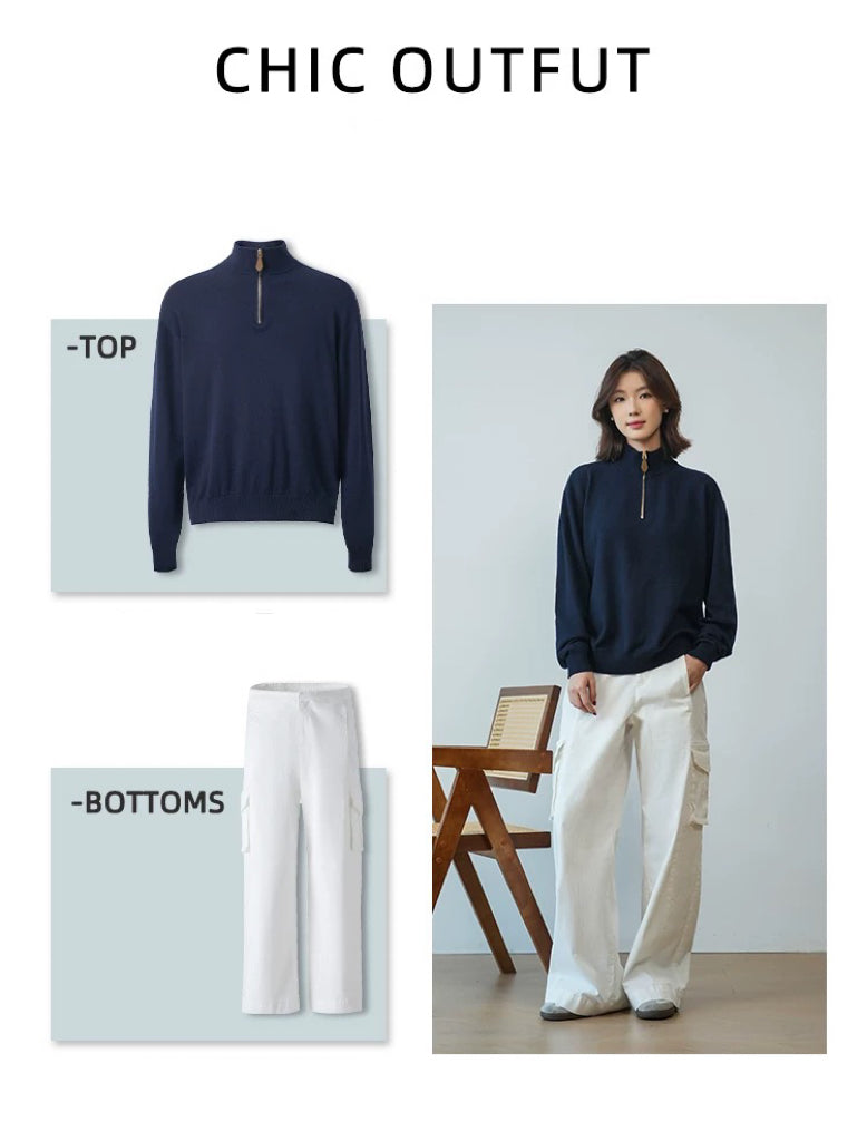 "Black Label Cashmere" super-fine spun wool long-sleeved elbow leather old coin half-zipper sweater