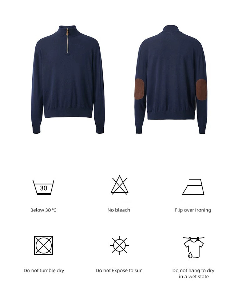 "Black Label Cashmere" super-fine spun wool long-sleeved elbow leather old coin half-zipper sweater