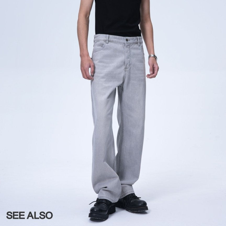"25 years!" Classic "Green Label Waist tag" grayish-white washed straight-leg versatile jeans