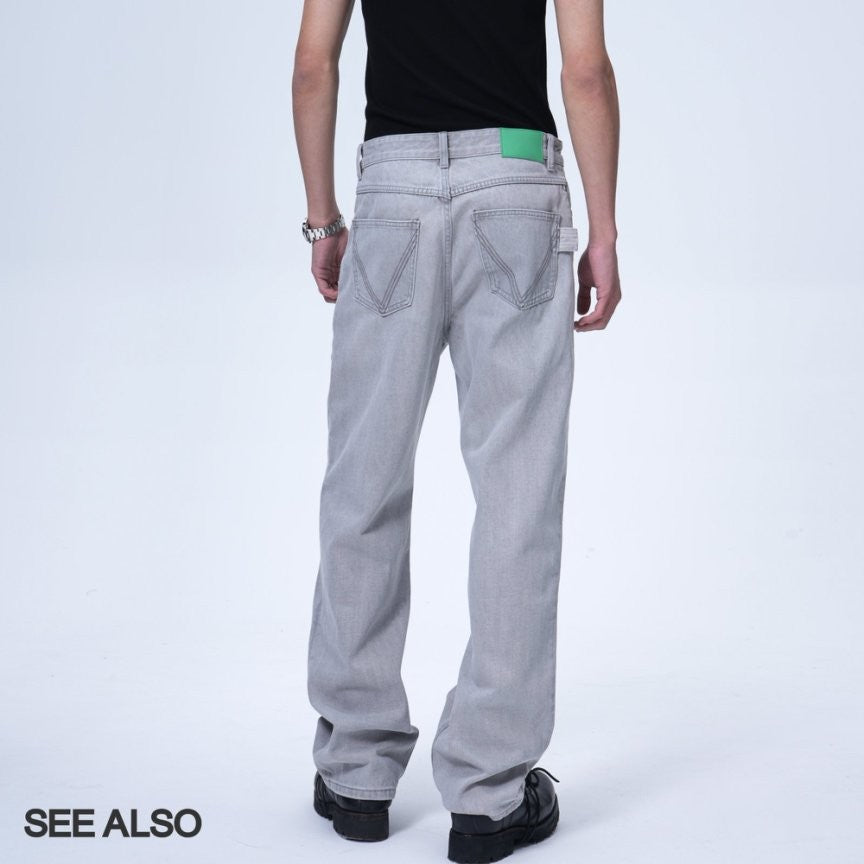 "25 years!" Classic "Green Label Waist tag" grayish-white washed straight-leg versatile jeans