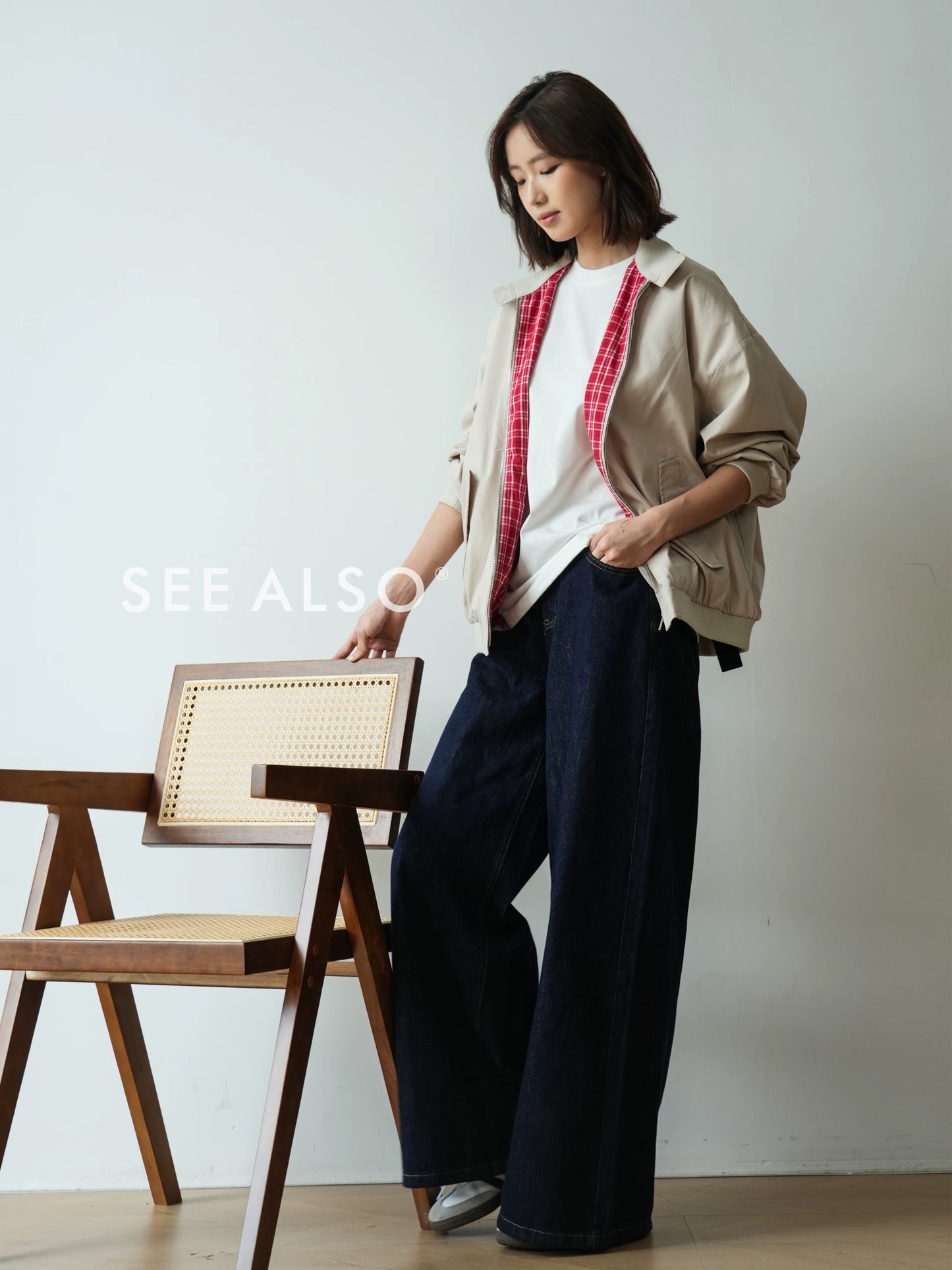 Retro checkered double-sided Harrington work jacket, mercerized cotton casual and relaxed miu style coat