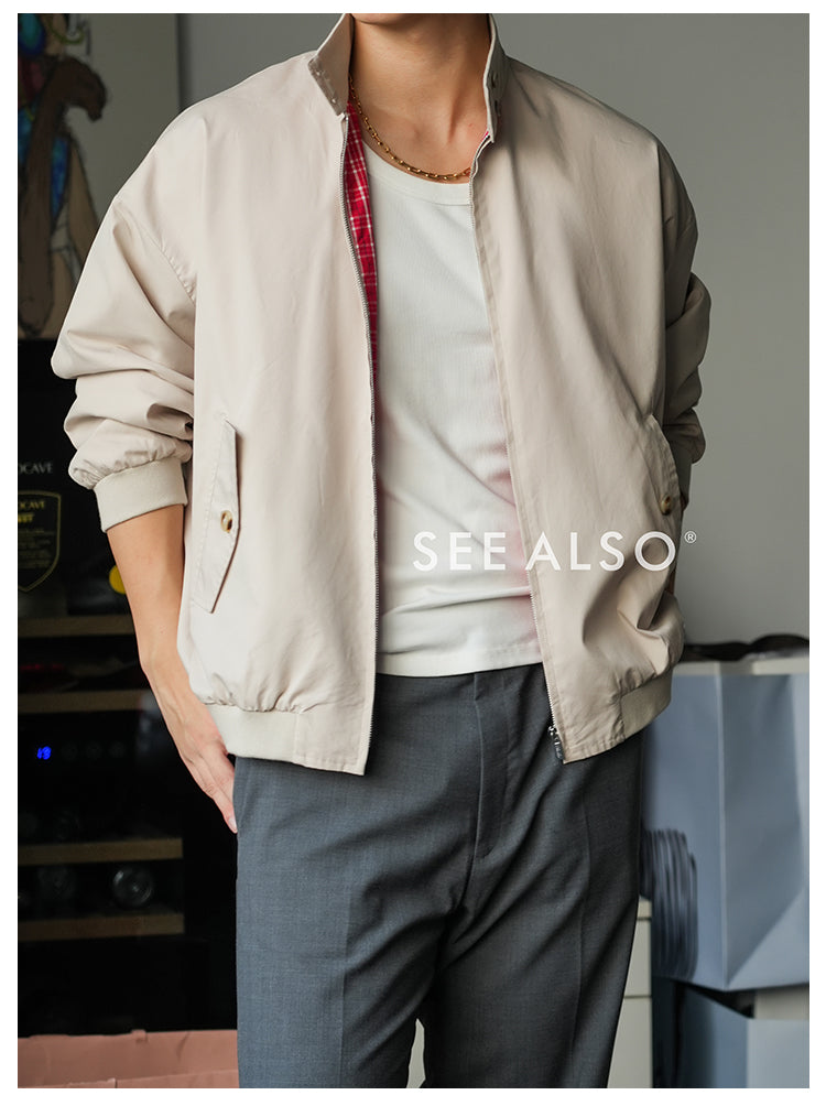 Retro checkered double-sided Harrington work jacket, mercerized cotton casual and relaxed miu style coat