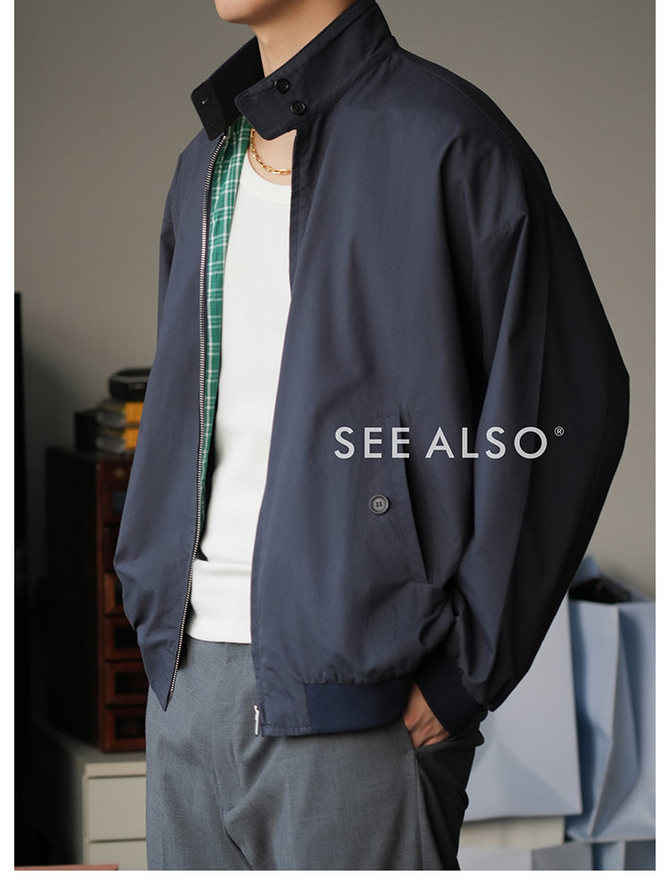 Retro checkered double-sided Harrington work jacket, mercerized cotton casual and relaxed miu style coat