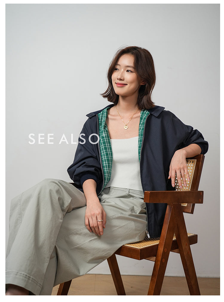 Retro checkered double-sided Harrington work jacket, mercerized cotton casual and relaxed miu style coat