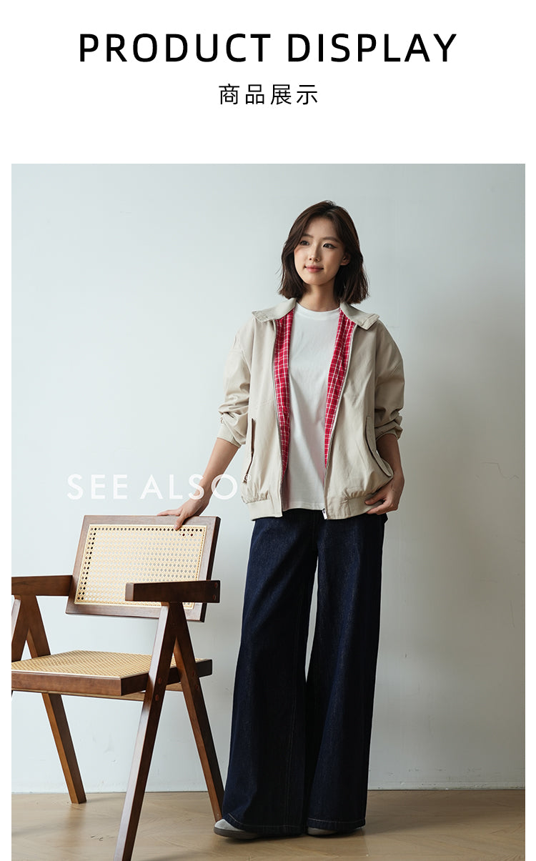 Retro checkered double-sided Harrington work jacket, mercerized cotton casual and relaxed miu style coat