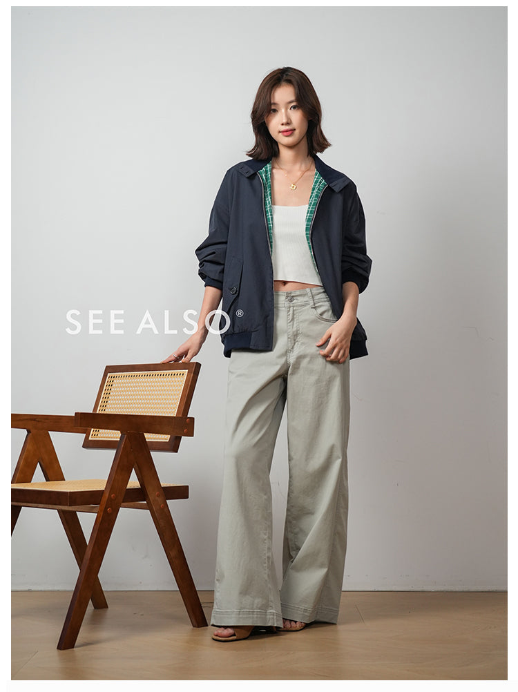 Retro checkered double-sided Harrington work jacket, mercerized cotton casual and relaxed miu style coat