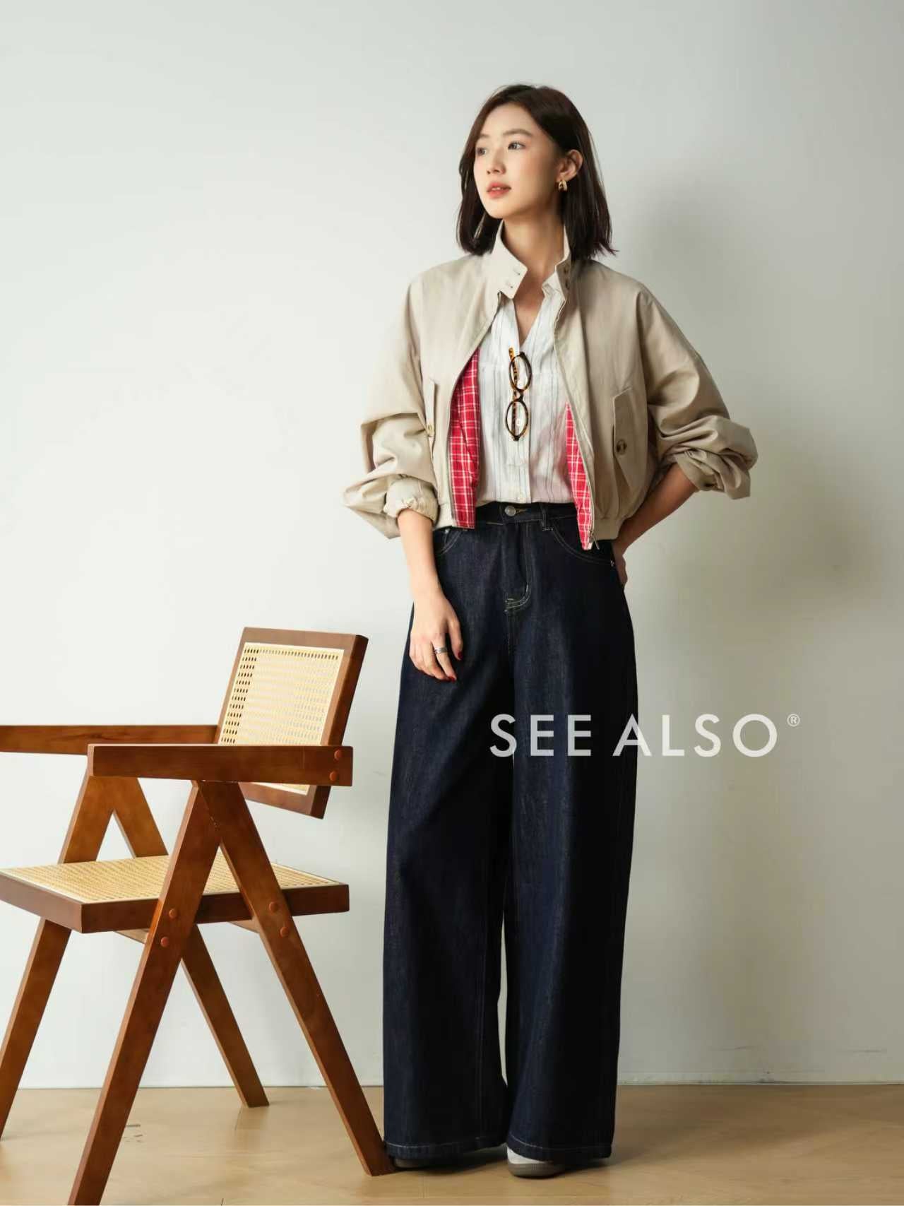 Retro checkered double-sided Harrington work jacket, mercerized cotton casual and relaxed miu style coat