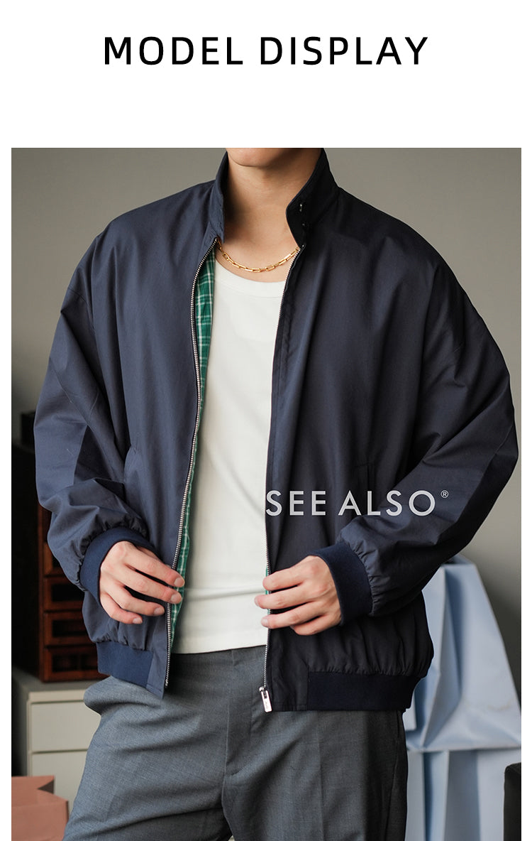 Retro checkered double-sided Harrington work jacket, mercerized cotton casual and relaxed miu style coat