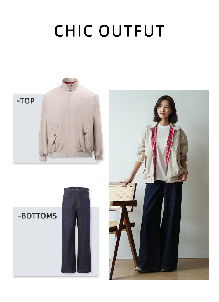 Retro checkered double-sided Harrington work jacket, mercerized cotton casual and relaxed miu style coat