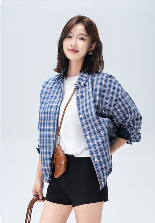 "25 Early Autumn niuniu Series" New noble style retro relaxed minimalist light checkered lapel shirt