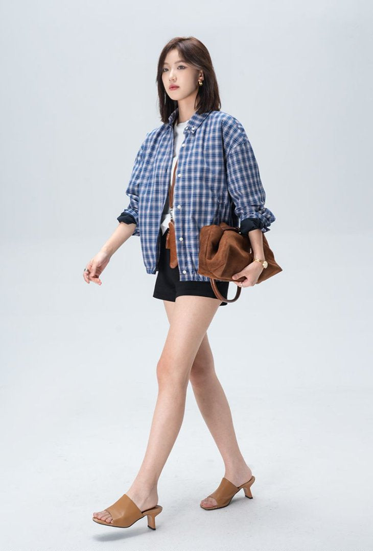 "25 Early Autumn niuniu Series" New noble style retro relaxed minimalist light checkered lapel shirt