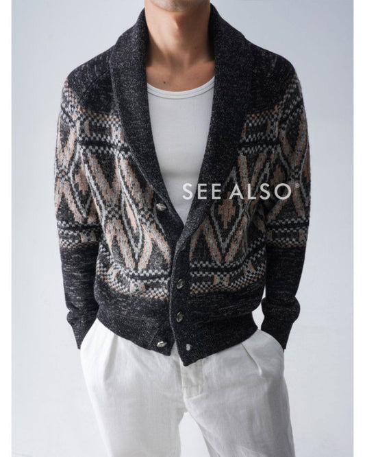 "B·C Fair Island Cashmere" Old Money Style Wool Mulberry Silk Jacquard Taoist Robe Cardigan sweater