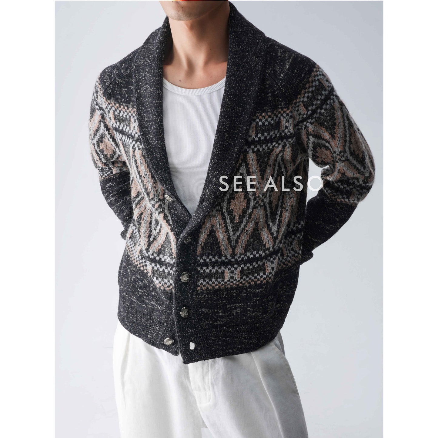 "B·C Fair Island Cashmere" Old Money Style Wool Mulberry Silk Jacquard Taoist Robe Cardigan sweater