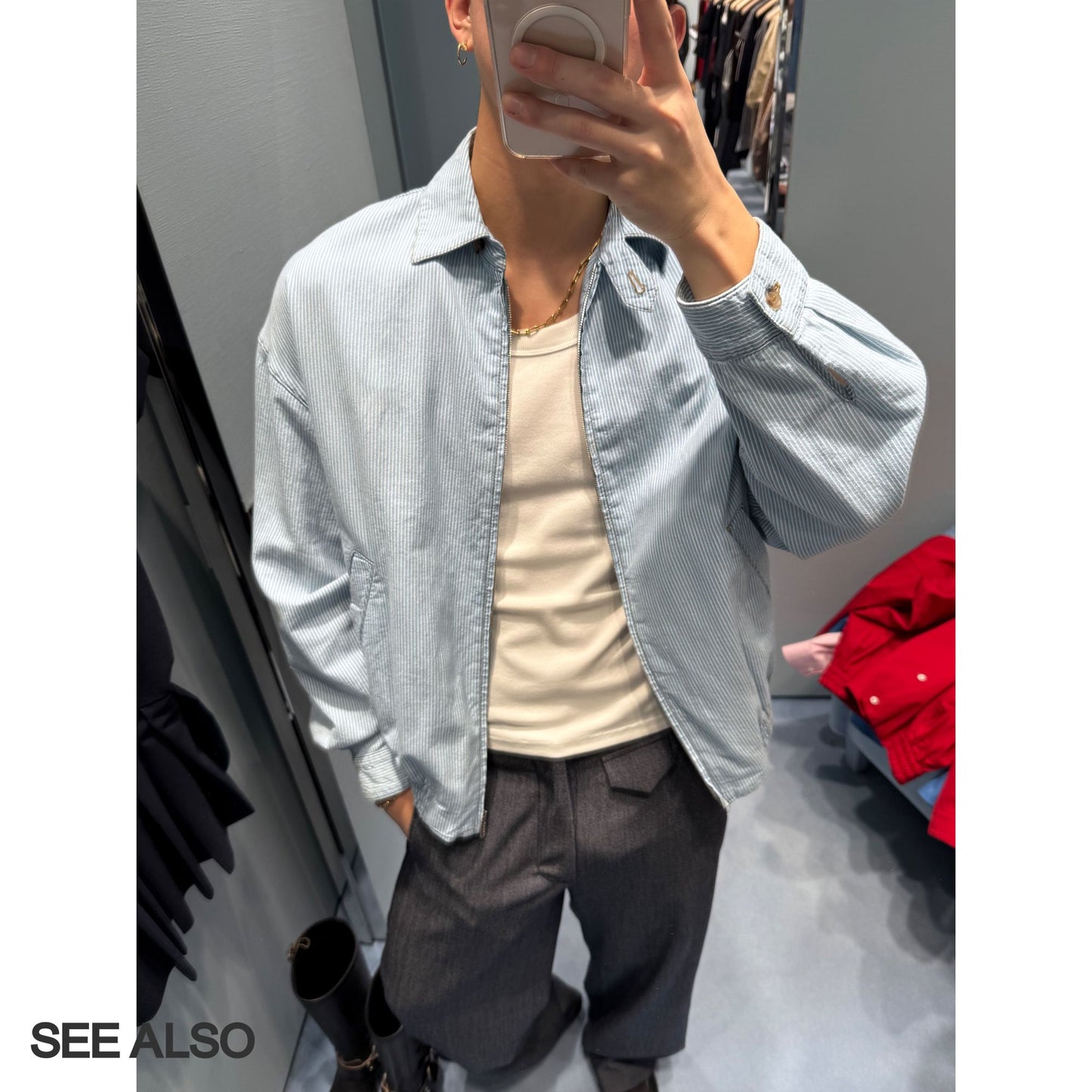 "miu Early Autumn Collection" European-style relaxed minimalist light blue and white striped lapel shirt jacket