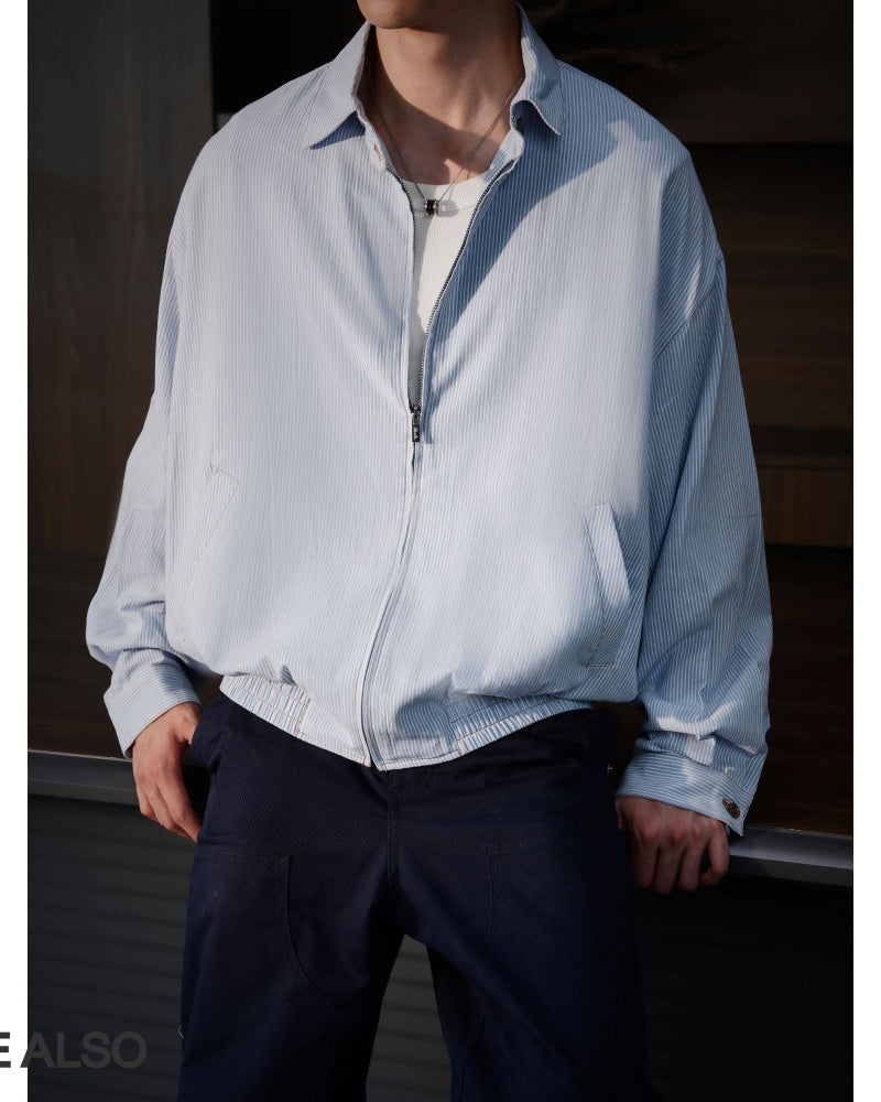 "miu Early Autumn Collection" European-style relaxed minimalist light blue and white striped lapel shirt jacket