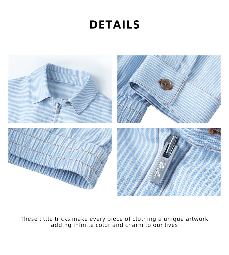 "miu Early Autumn Collection" European-style relaxed minimalist light blue and white striped lapel shirt jacket