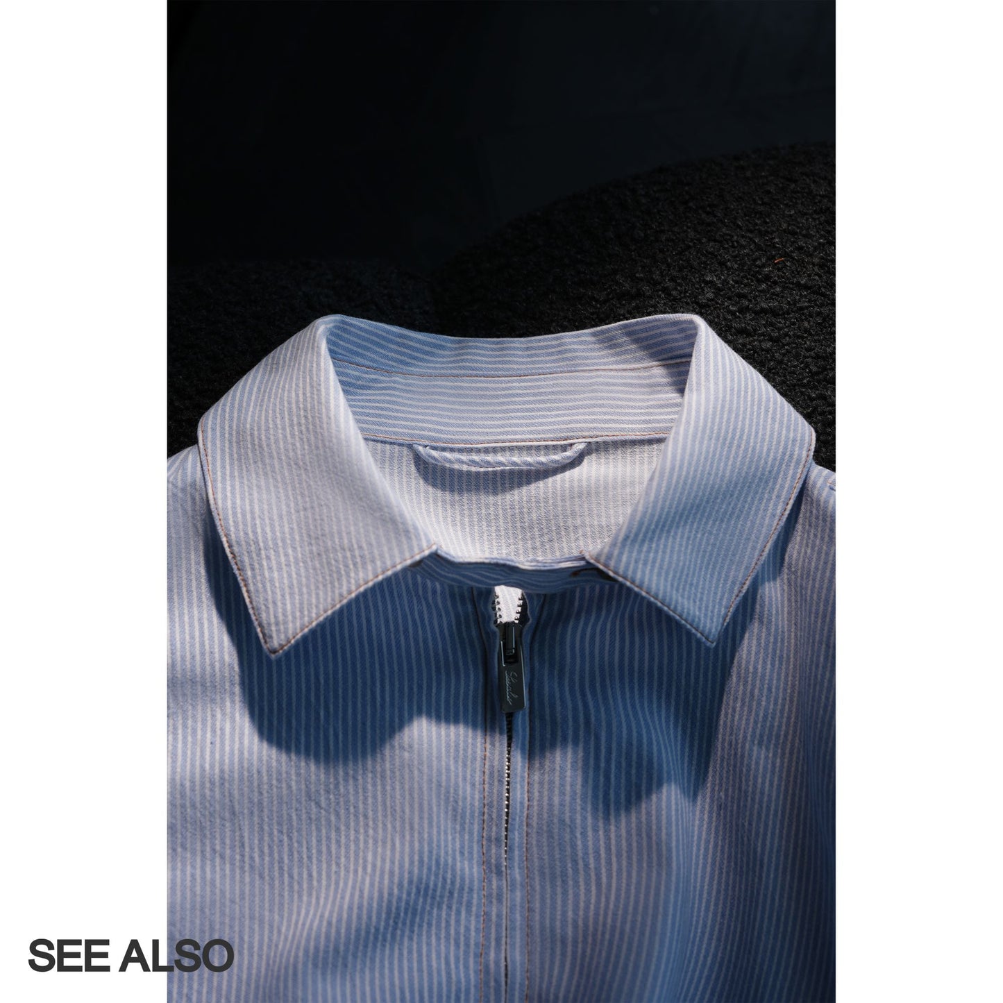 "miu Early Autumn Collection" European-style relaxed minimalist light blue and white striped lapel shirt jacket