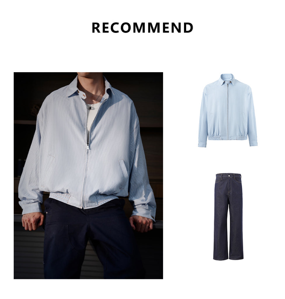 "miu Early Autumn Collection" European-style relaxed minimalist light blue and white striped lapel shirt jacket