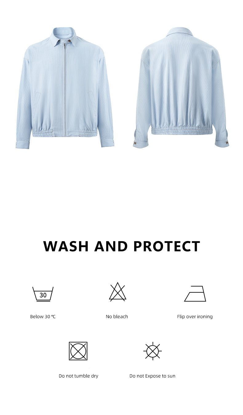 "miu Early Autumn Collection" European-style relaxed minimalist light blue and white striped lapel shirt jacket