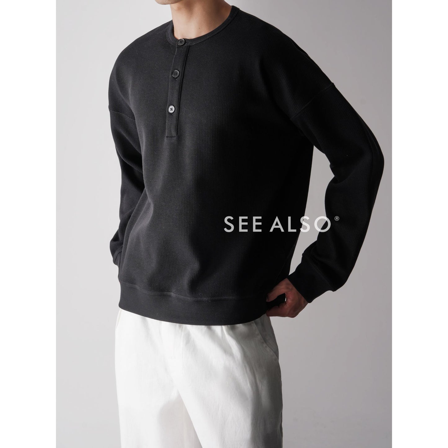 "Fashion Week Runway" Ultra-fine-spun combed cotton old-style long-sleeved Henry base T-shirt