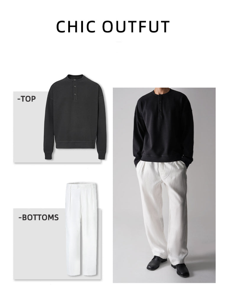 "Fashion Week Runway" Ultra-fine-spun combed cotton old-style long-sleeved Henry base T-shirt
